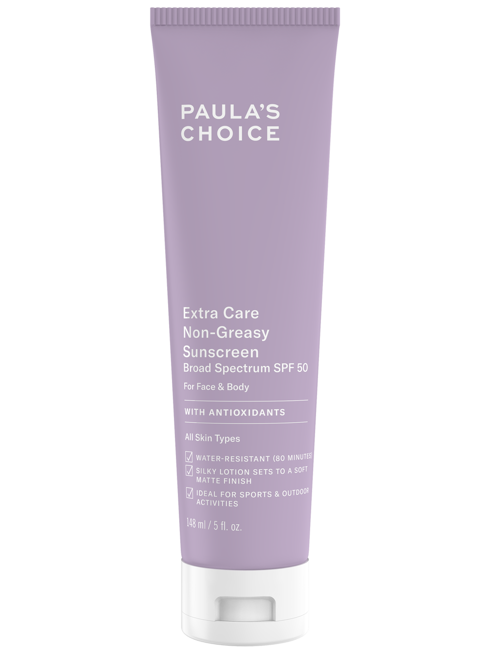 Paula’s Choice Extra Care Non-Greasy Sunscreen SPF 50 product tube.
