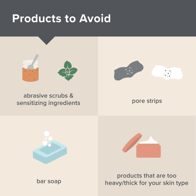 Illustration of what to avoid using when you have blackheads including harsh scrubs, pore strips, clogging bar soap and the wrong skin care products for your skin type.
